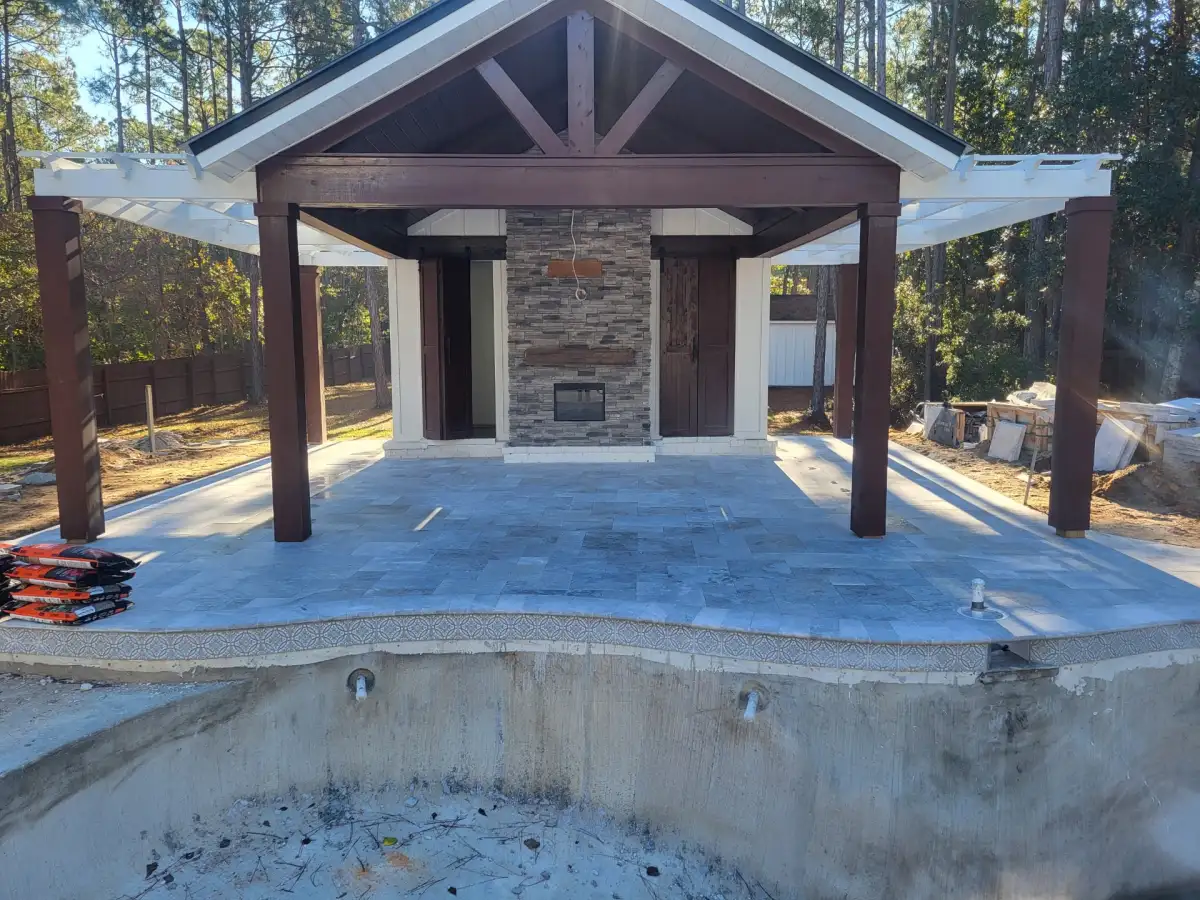 Outdoor living project with pergola and seating